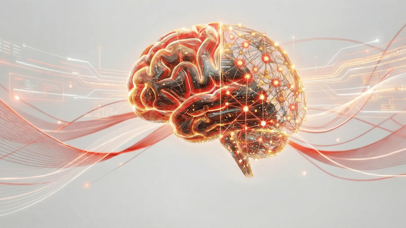 A human brain overlaid with red and orange wavy lines